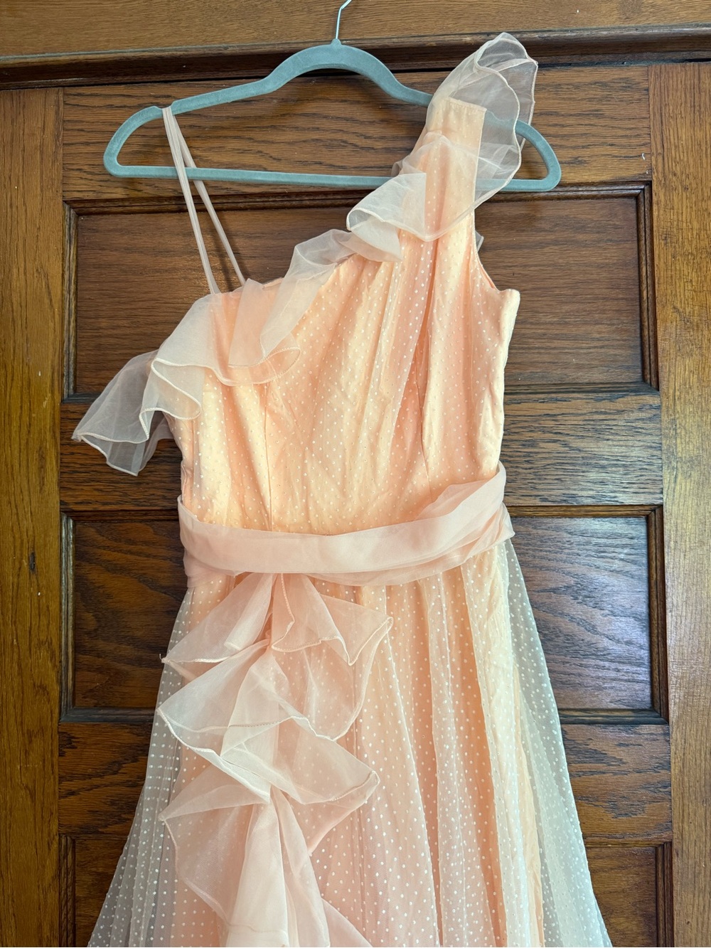 VINTAGE STUNNING Ruffle Asymmetrical Top Maxi Gown Peaches n Cream Swiss Dot 4 - Picture 5 of 12